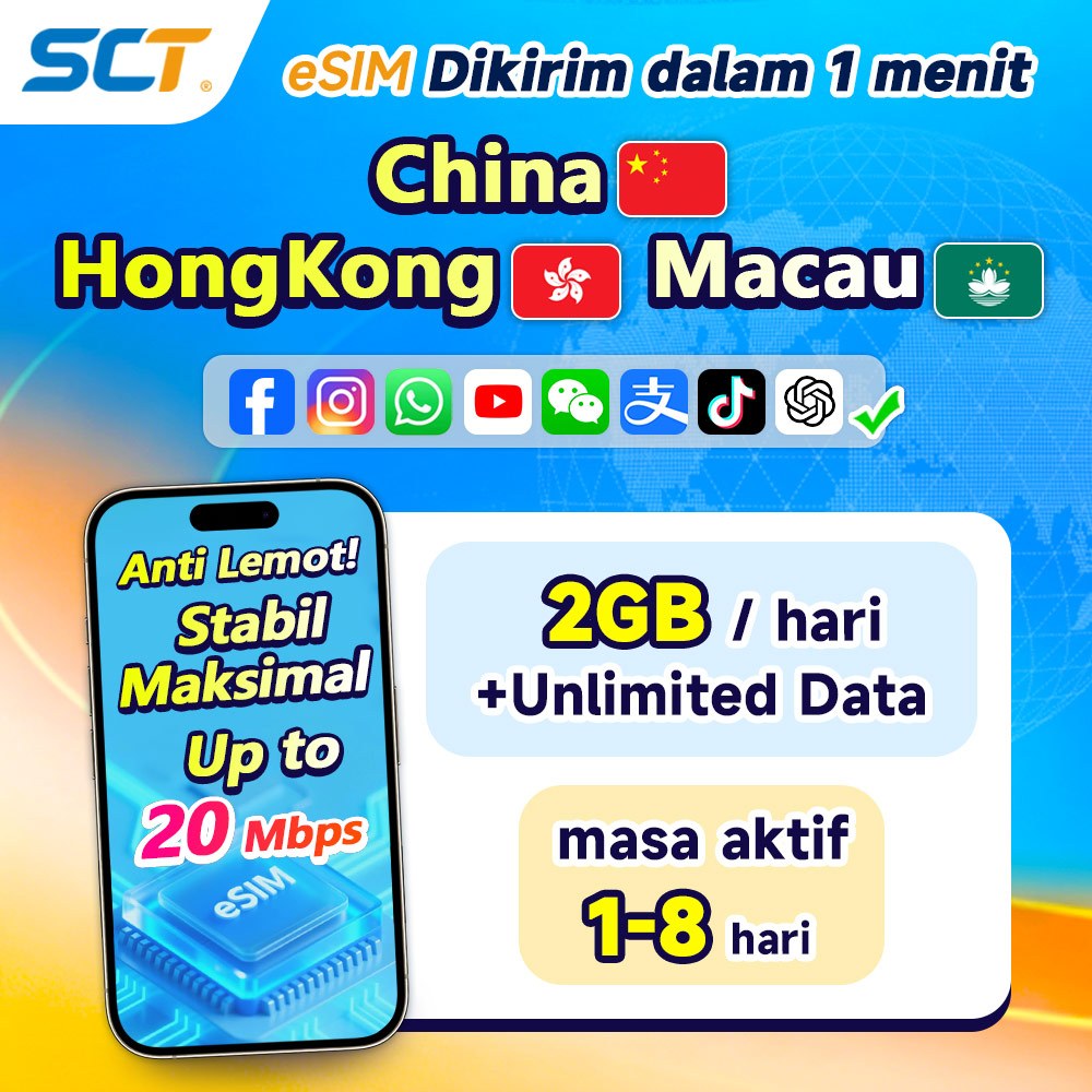 SCT eSIM China Travel China eSIM Include VPN 1-8 hari Kuota Besar 2GB+Unlimited Internet Data Langsu