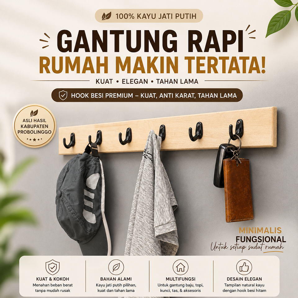 Gantungan Baju Minimalis Kayu Jati Putih Finishing Rapi Varian Natural dan Plitur Doff