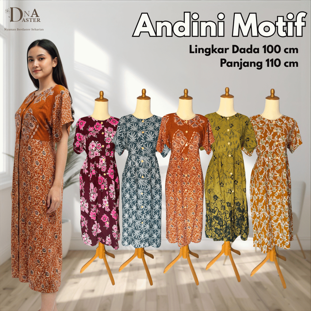 Andini Motif Dress Daster Homedress Lengan Pendek Rayon Premium – Adem dan Nyaman LD 100cm Panjang 1