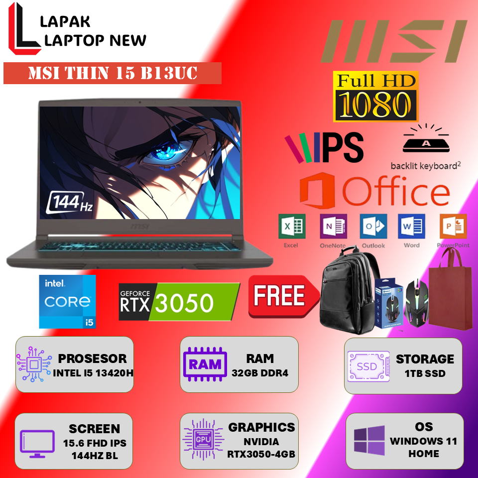 LAPTOP BARU MURAH MSI THIN 15 B12UC  INTEL I5 13420H RTX3050-4GB RAM 32GB 1TB SSD 144Hz