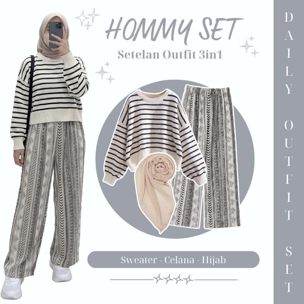One Set Daily Wanita | Sweater, Celana, Hijab | Setelan Kulot Wanita Kekinian, Outfit Hijab Casual