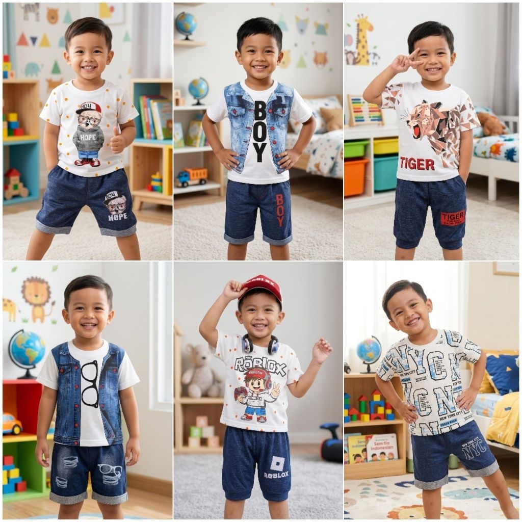 [PHINTSGROSIR 19.500x3PCS] JVC KIDS - NEW MOTIF SETCEL DENIM KAOS PUTIH SML
