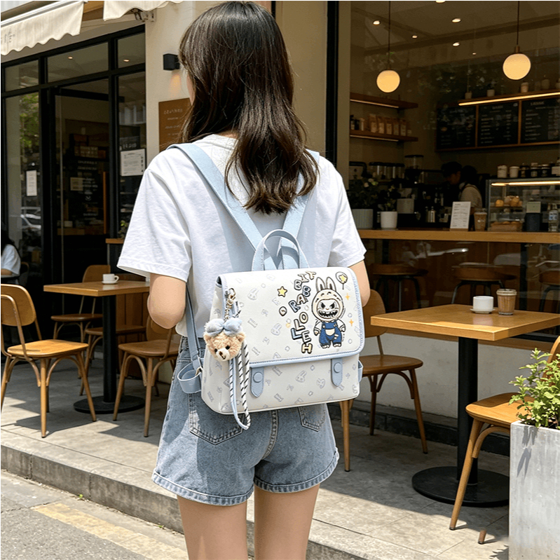 Tas Ransel 2in1 Wanita Motif Labubu Imut Tas Punggung Selempang Kulit PU Warna Biru Muda Untuk Sekol
