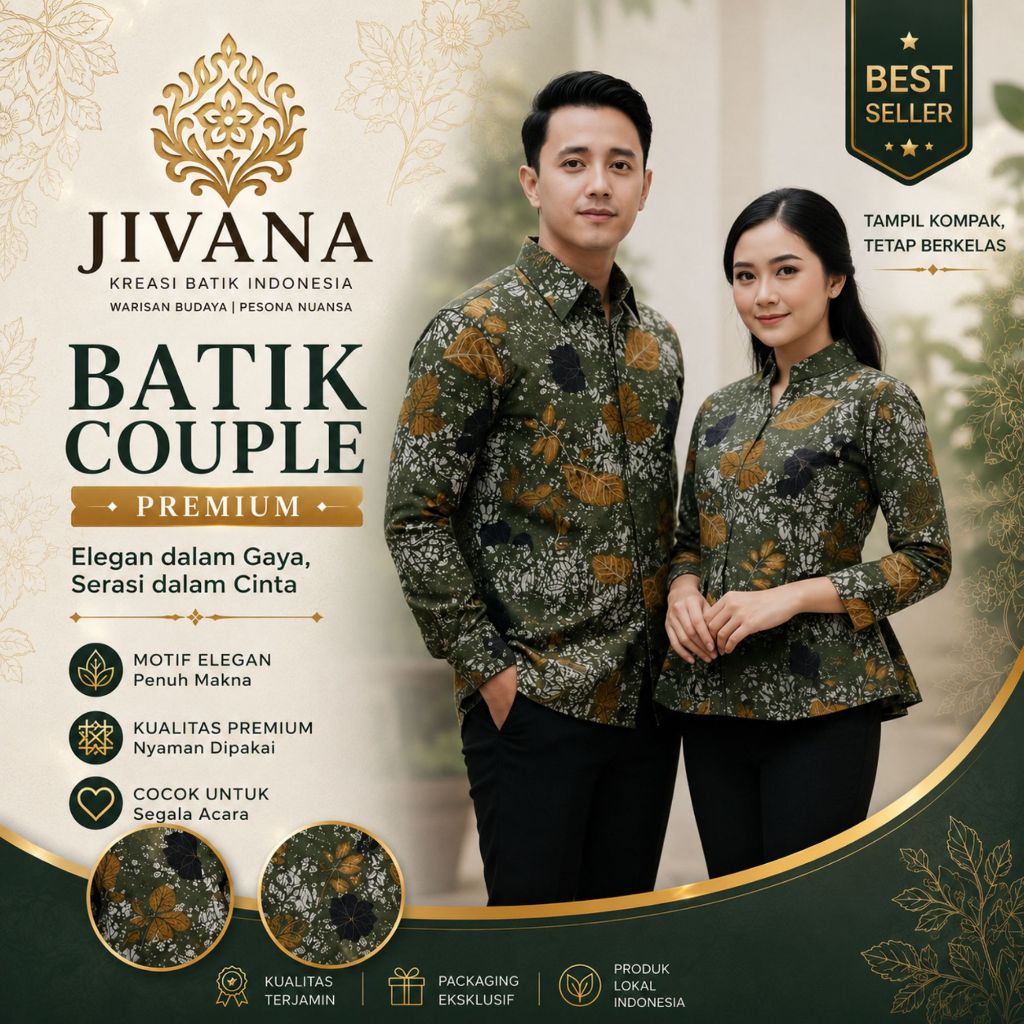Batik Couple Motif Daun Tropis Elegan – Seragam Pasangan Hijau Lumut Premium, Katun Lapis Furing