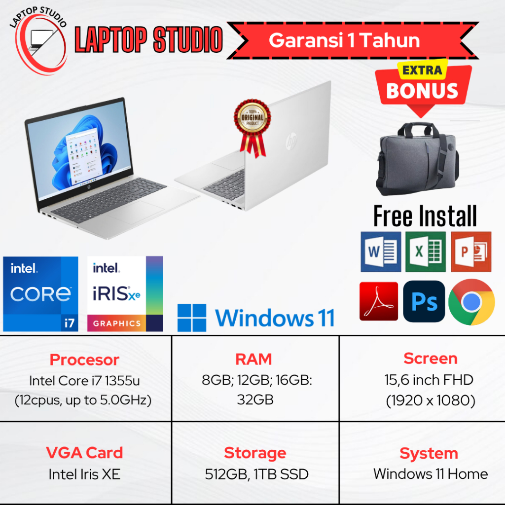 Laptop Baru HP 15 Intel Core i7 1355u (12cpus, up to 5.0GHz)  SSD