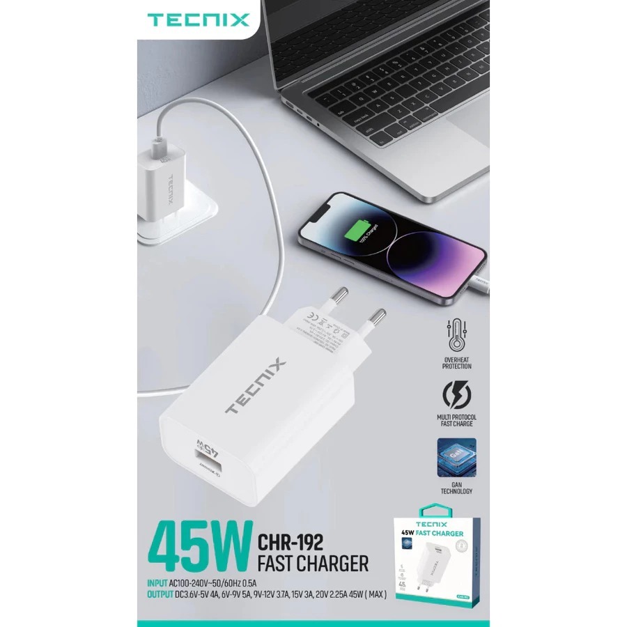TECNIX CHR-192 / CHR-192-C Adaptor Charger Over Heat Protection Charger GaN 45W with Data Cable Type