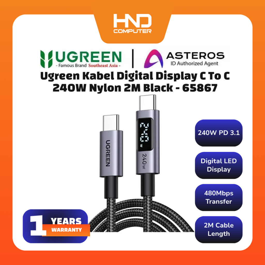 UGREEN Kabel Type C to Type C Fast Charging 240w Nylon Braided 90440 - 65867 Digital Display 2M
