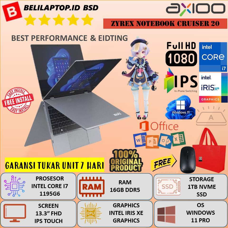 Laptop 2in1 Zyrex NoteBook Cruiser 20 Intel Core i7 1195G6 Ram 16GB DDR5 1TB SSD 13.3" FHD IPS Touch