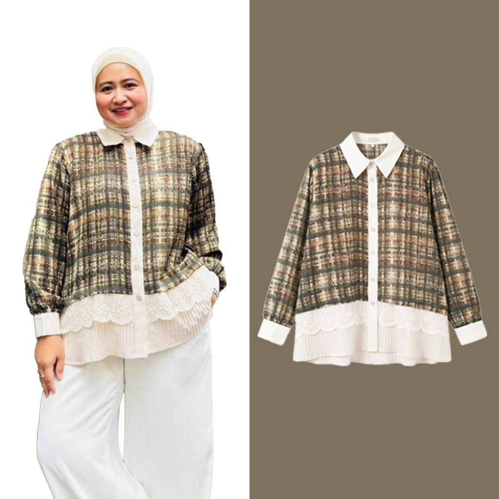 Azzahra Atasan Kemeja wanita Salur garis garis flanel coklat - Celyn LD upto 120