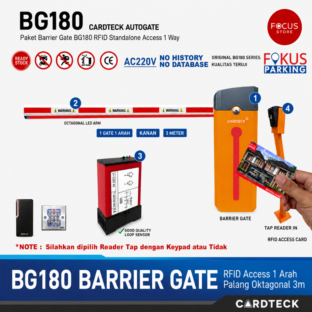 Paket Portal Otomatis Perumahan CARDTECK BG180 Barrier Gate RFID Access Tap Card CCTV Capture