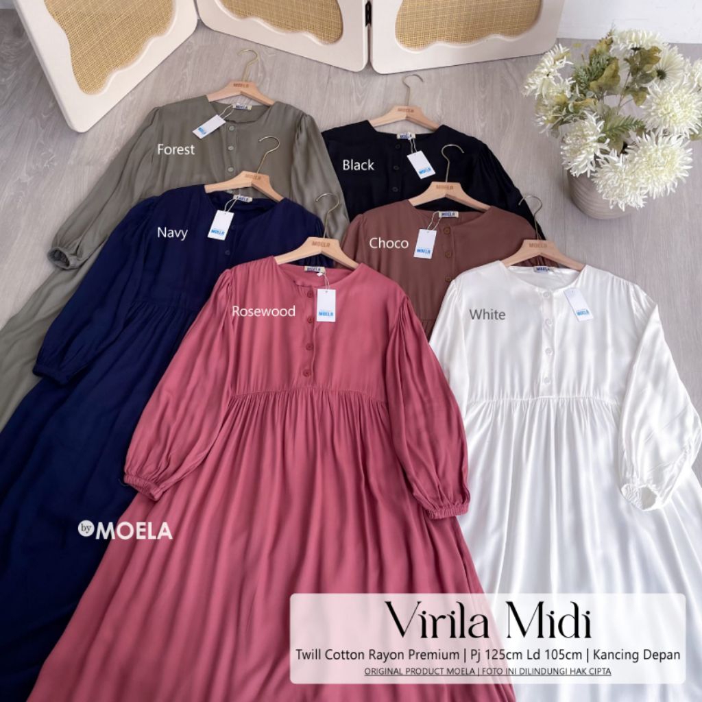 Virila Midi Dress Gamis Allsize Busui Full Kancing Premium Cotton Rayon Original Moela Berlabel