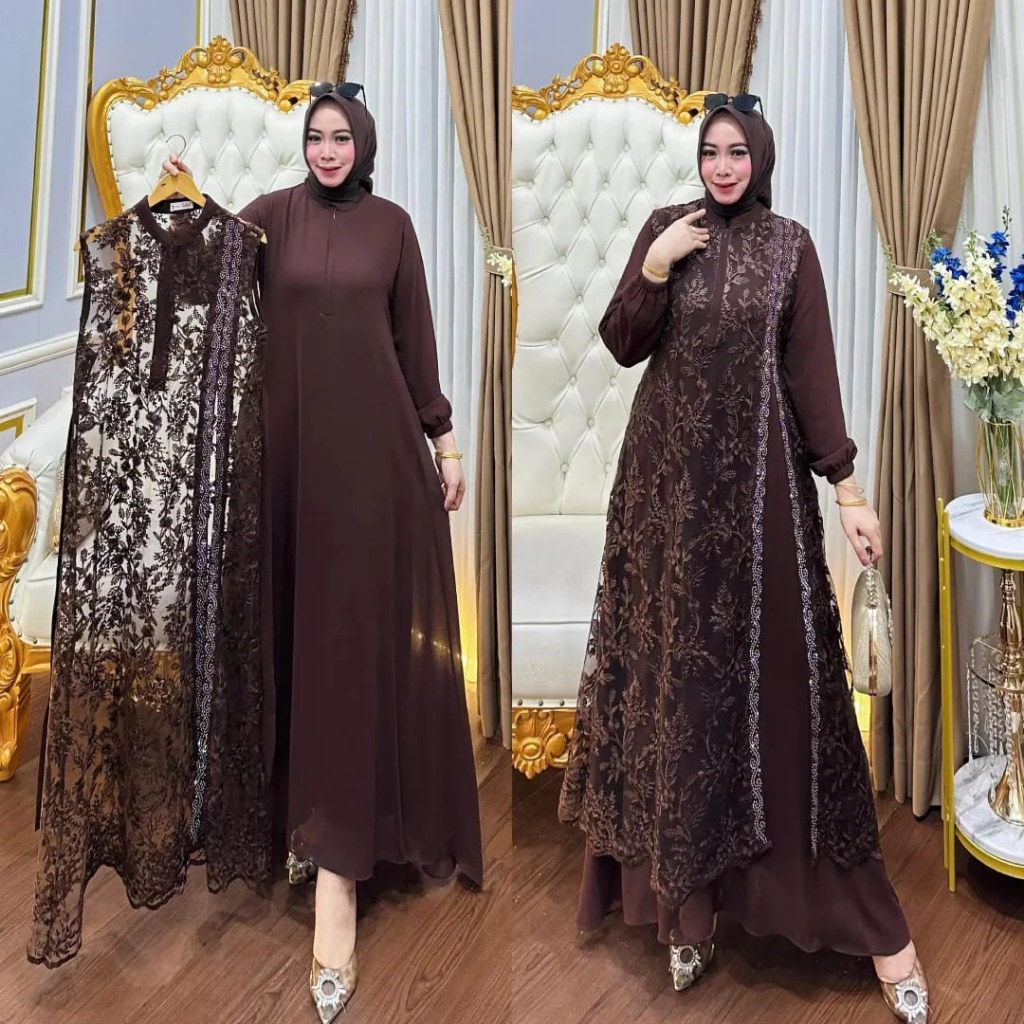 GAMIS CERUTY BABYDOLL SET OUTER BRUKAT TERPISAH  TULLE KEZIA SWAROVSKI NAZILA DRESS GAUN PESTA MUSLI