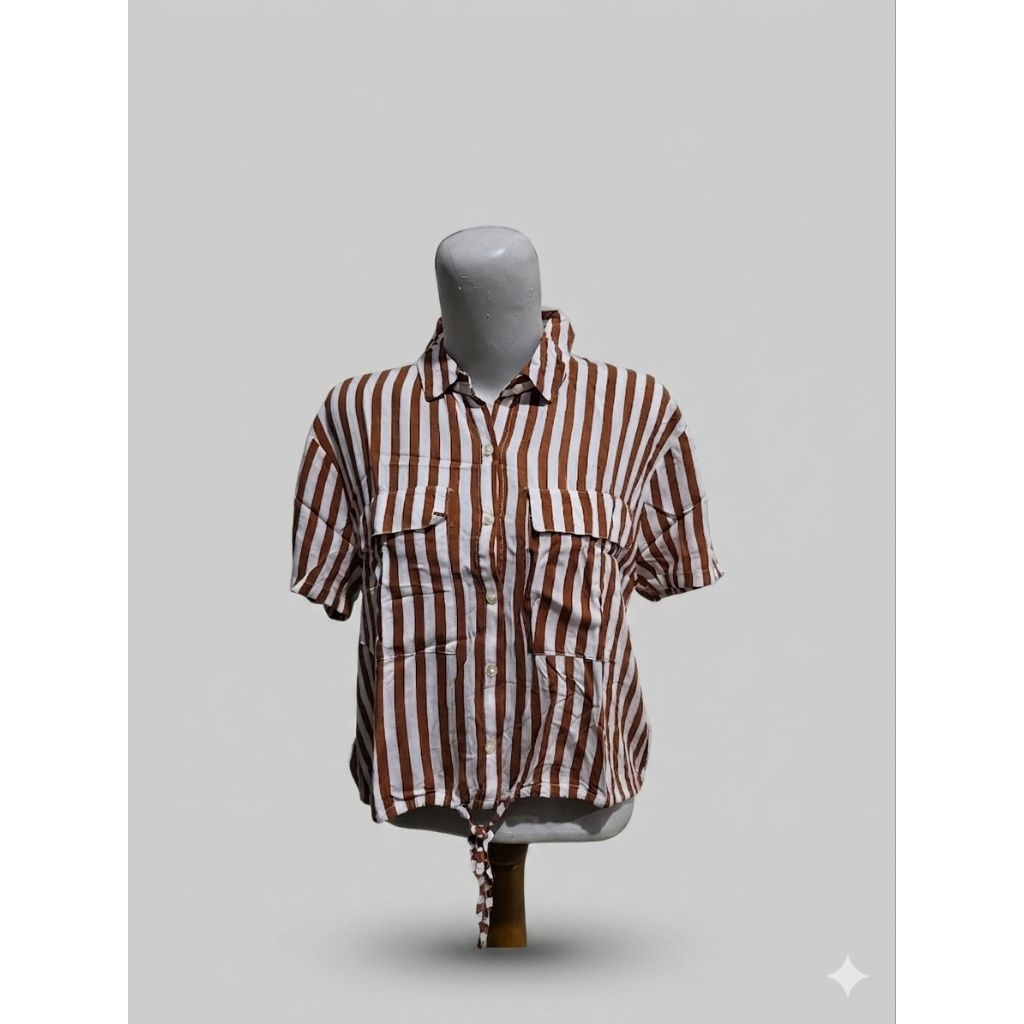 KEMEJA CROP TOP COKLAT GARIS PULL&BEAR PRELOVED SECOND
