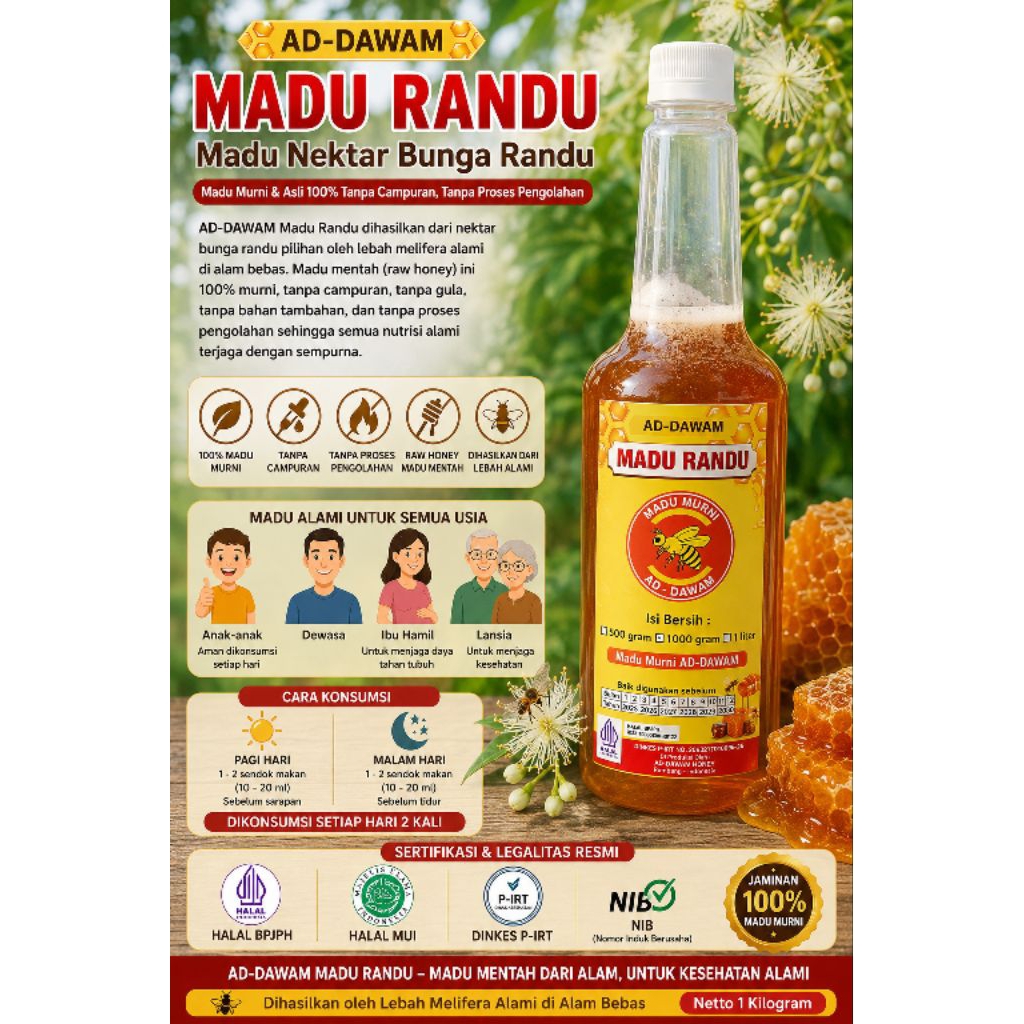 Madu Nektar Randu 1 kg-Madu Murni Asli-Madu Addawam Raw Honey- NIB-BPOM P-IRT&HALAL BPJH-kualitas ma