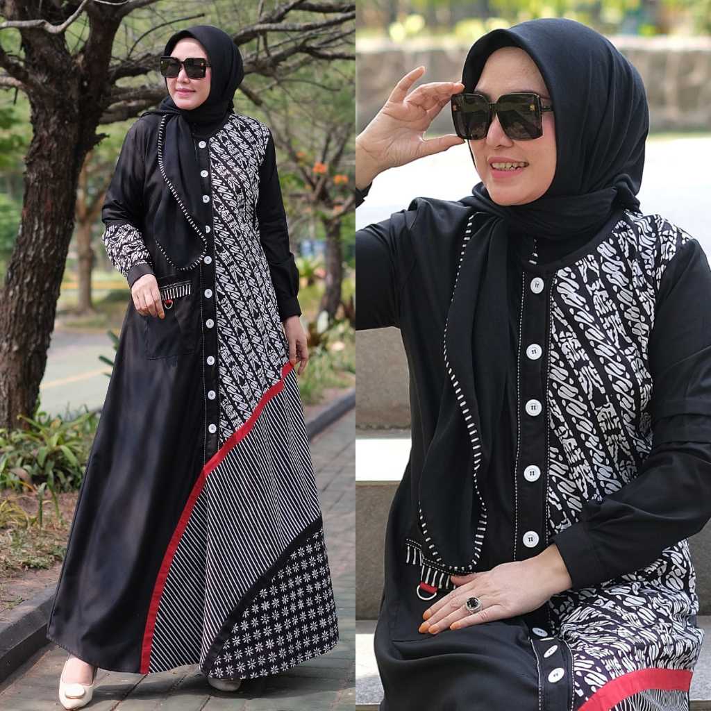 Isyana Dress Fashion Muslim Gamis Batik Modern Terbaru Kombinasi Kain katun Polos  Gamis Batik Hitam