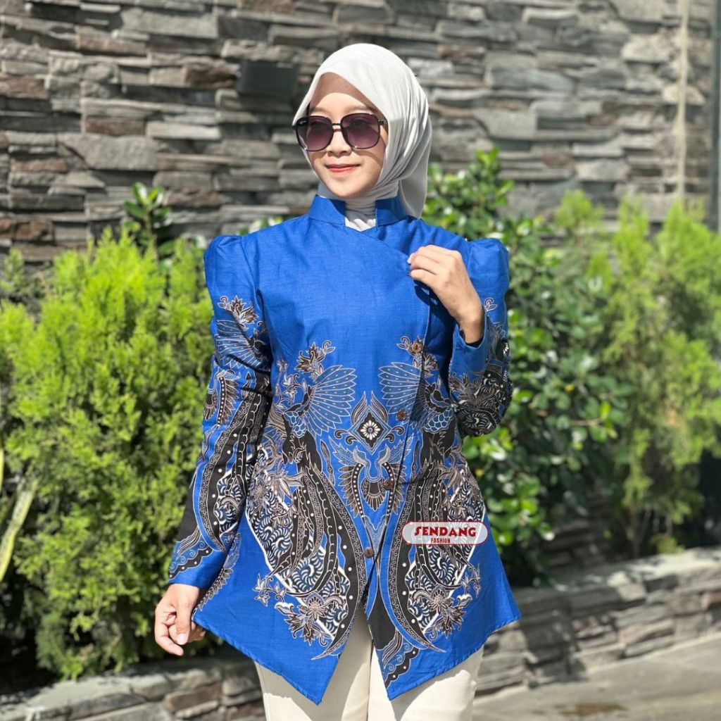 Blouse Batik Janggan Wanita Lengan Puff Bahan Katun Prima Solo Premium Warna Biru Elektrik Atasan Co