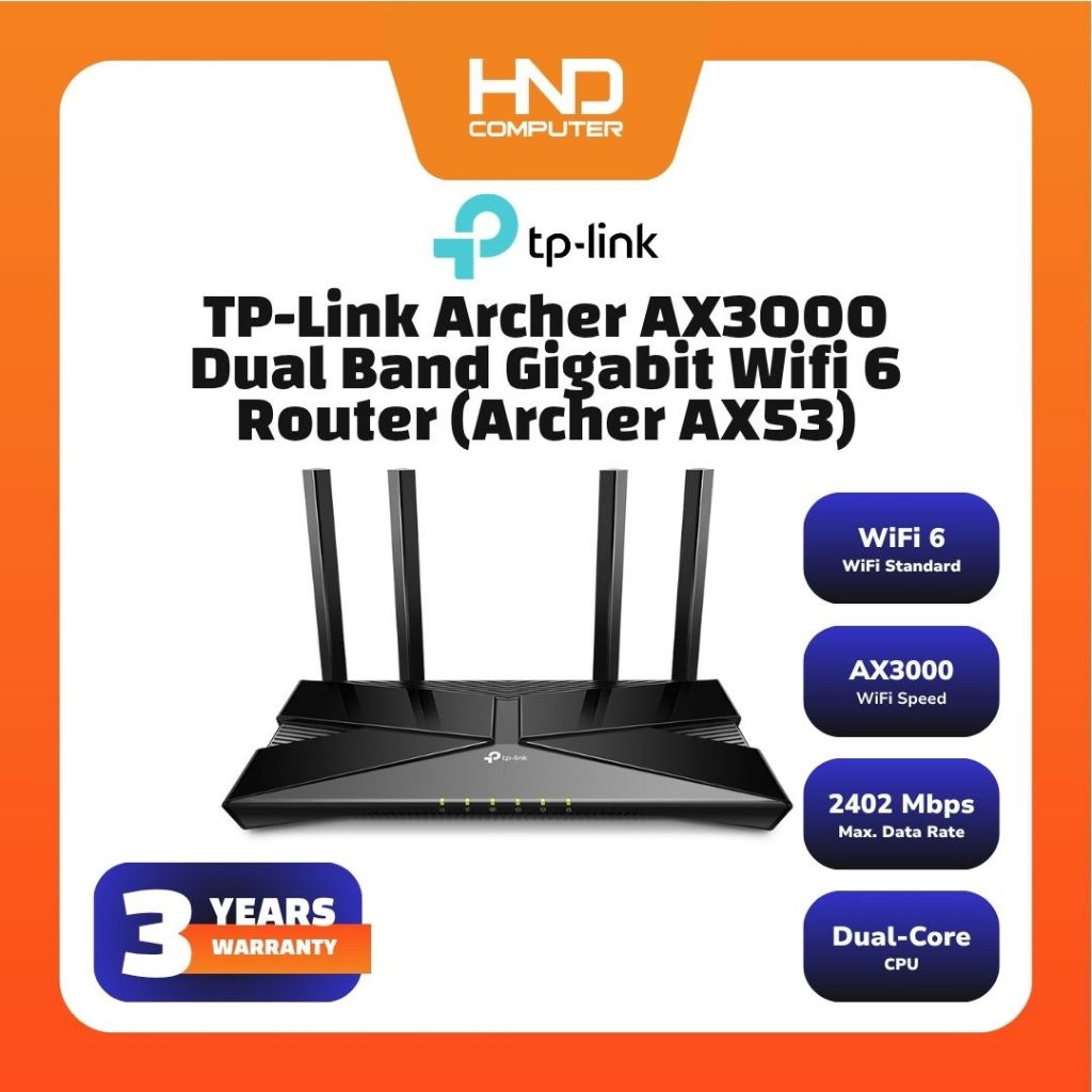 TP-Link Archer AX53 Wi-Fi 6 Router AX3000 Dual Band Gigabit OFDMA MU-MIMO Wireless 4×Antennas Intel 