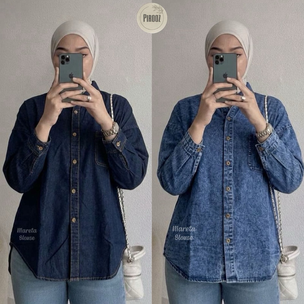 BISA COD // Mareta Blouse by Pirooz // Atasan Kemeja Jeans Wash Simple
