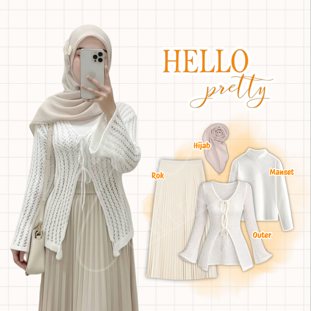 one set remaja 4in1 /  outfit wanita kekinian / Outfit / Pantai / Setelan Wanita / Outer Rajut Putih