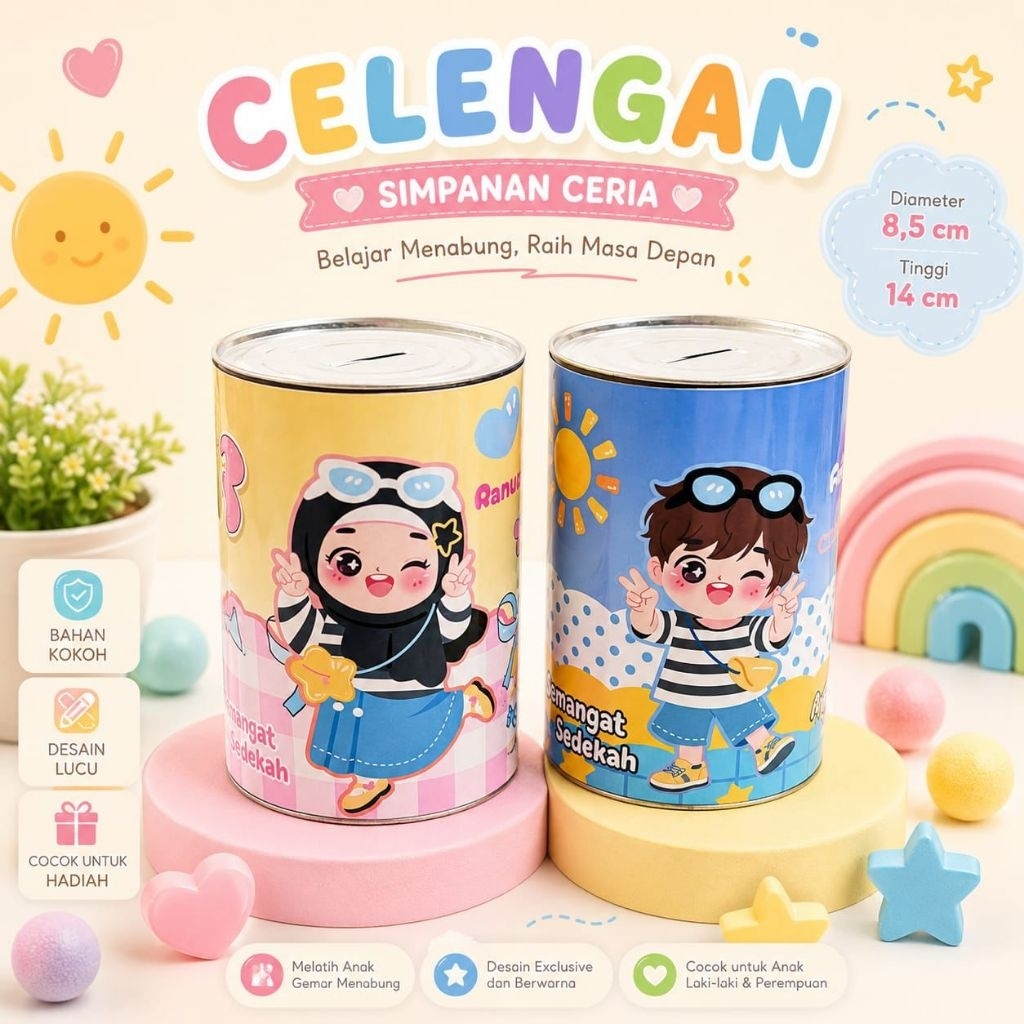 Celengan Sedekah Subuh Anak Custom Nama - Tabungan Kaleng Karakter Lucu Souvenir Anak