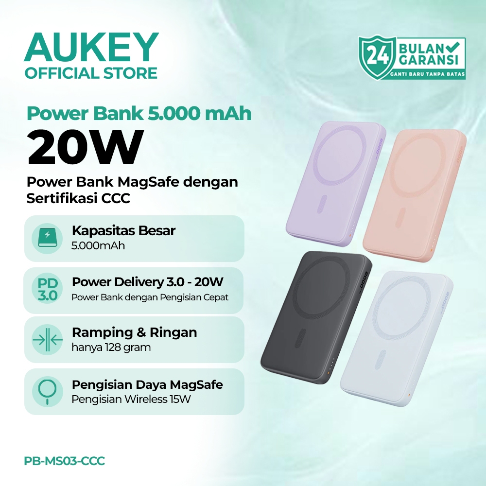 AUKEY Powerbank CCC Magsafe 5000mAh Wireless 15W Magnetic Powerbank iPhone MagFusion PD 20W PB-MS03