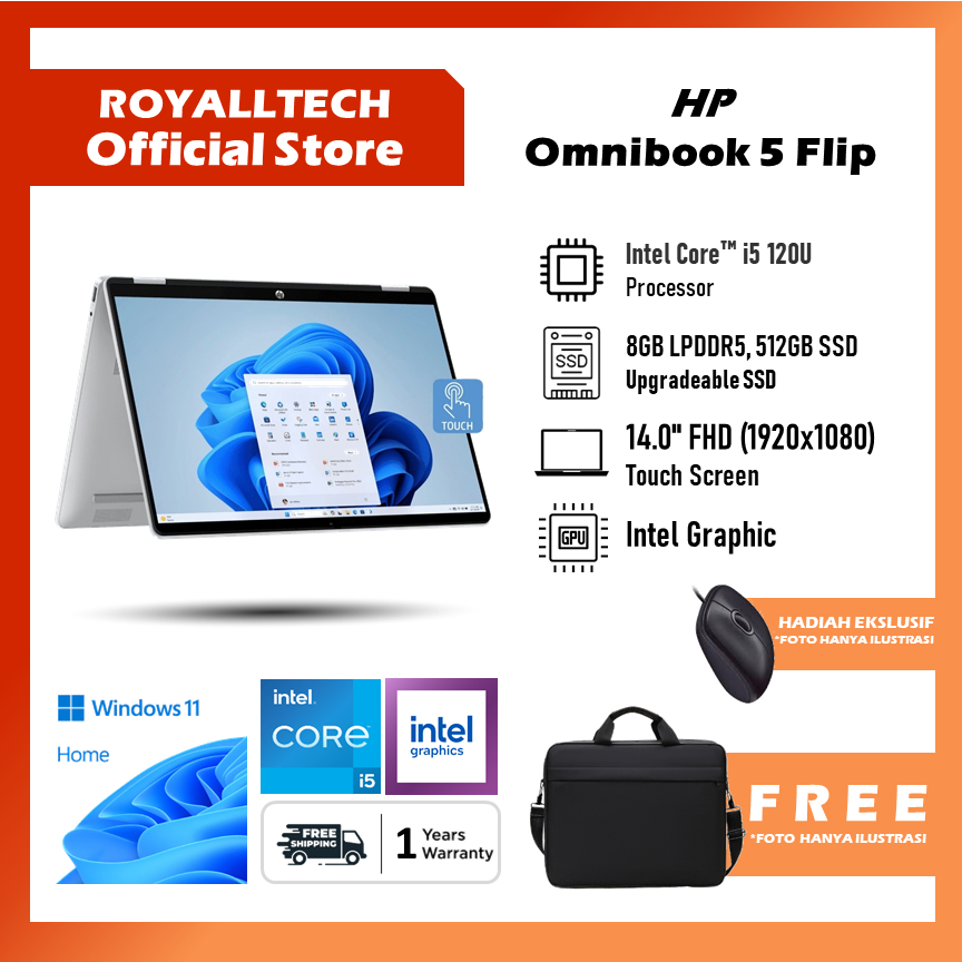 Laptop HP Omnibook 5 FLIP 14 Touch Screen Intel Core i5 120U -  Ram 8GB 512GB SSD Windows 11 Home 14