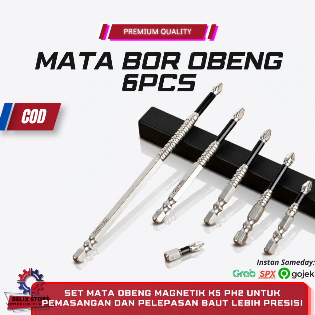 MATA OBENG Set 6 Pcs Phillips Bit Magnet Kuat Anti Slip Kekerasan Tinggi Bor Tangan Baja Wolfram Obe