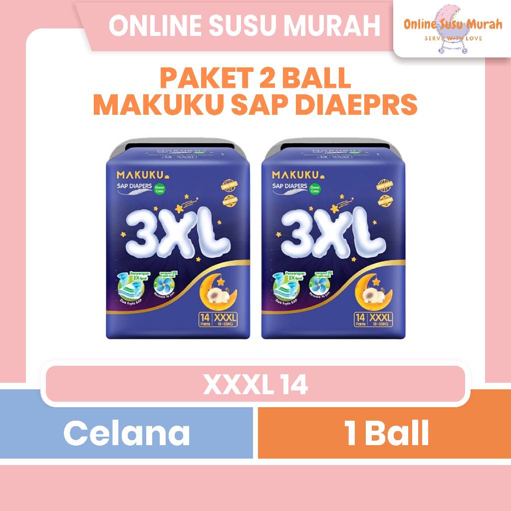 MAKUKU SAP DIAPERS GROW CARE PAKET 2 BALL PANTS 3XL XXXL 14 POPOK CELANA JUNIOR XXXL14 PPKS