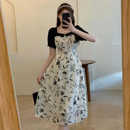 Pakaian Wanita Dress Bunga Gaun Pesta Hitam Putih Mewah Elegan Dress Maxi Panjang Kekinian