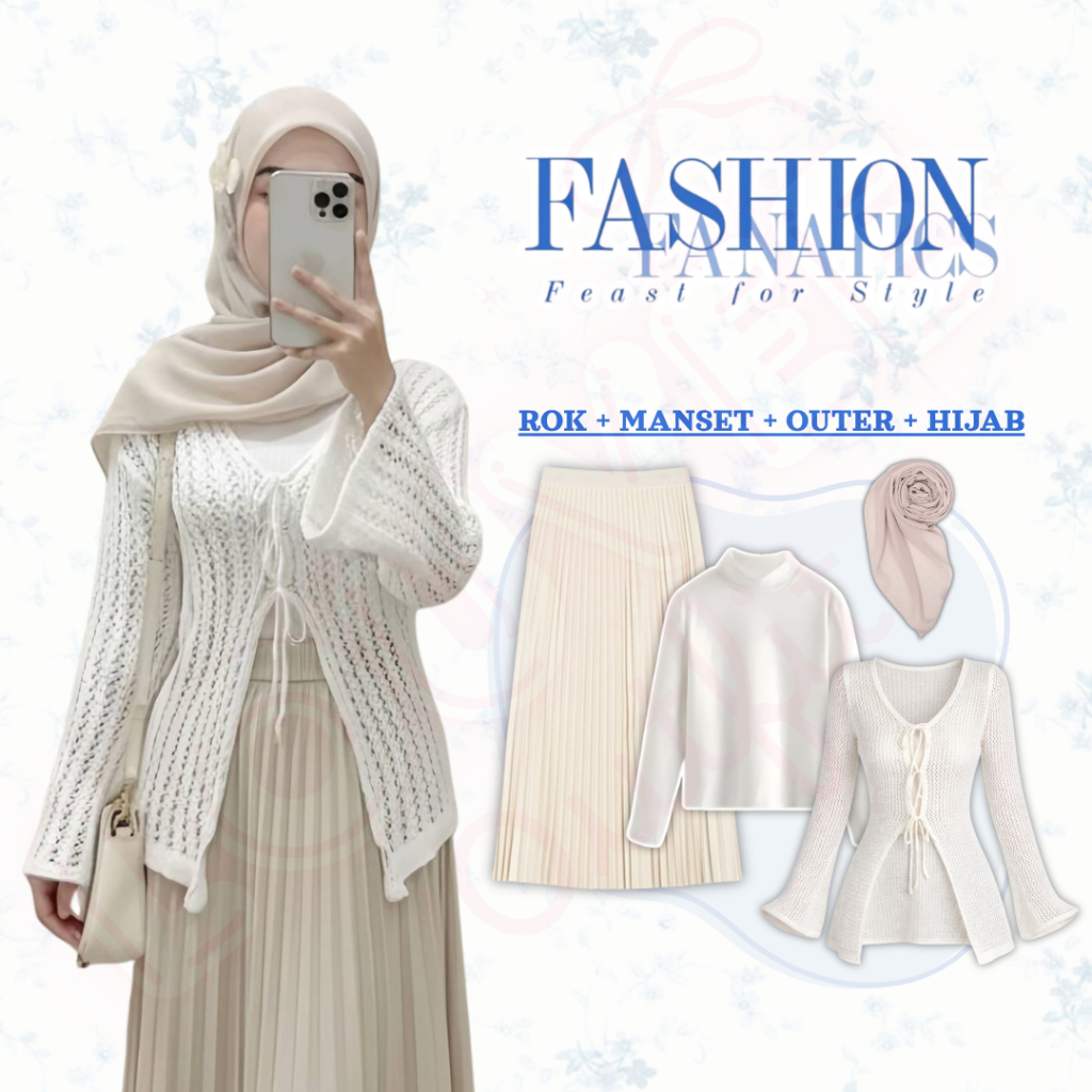 one set remaja 4in1 /  outfit wanita kekinian / Outfit Pantai / Setelan Wanita / Outer Rajut Putih +
