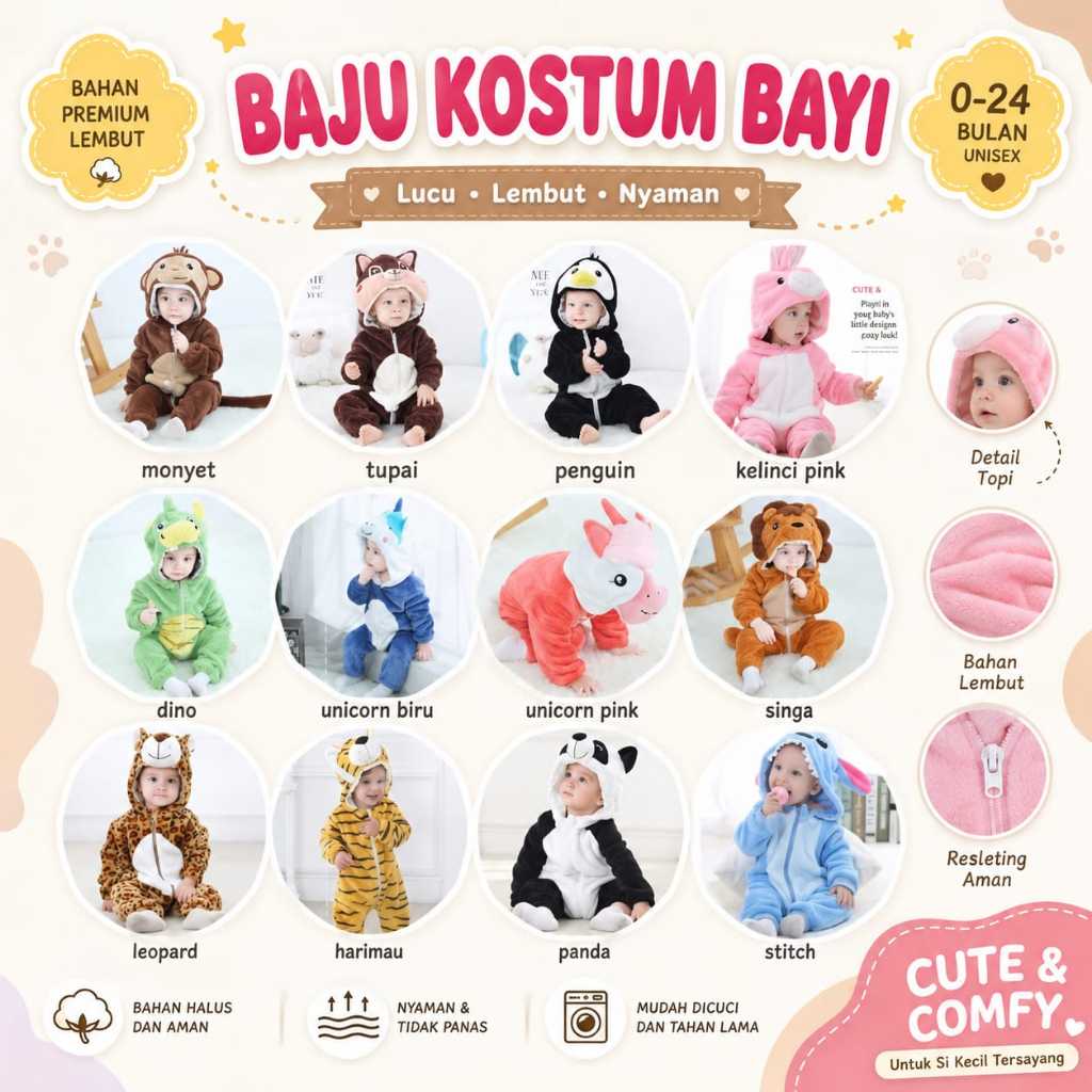 Baju Bayi Kostum Anak bahan Flannel Cowok Cewek ONESIE