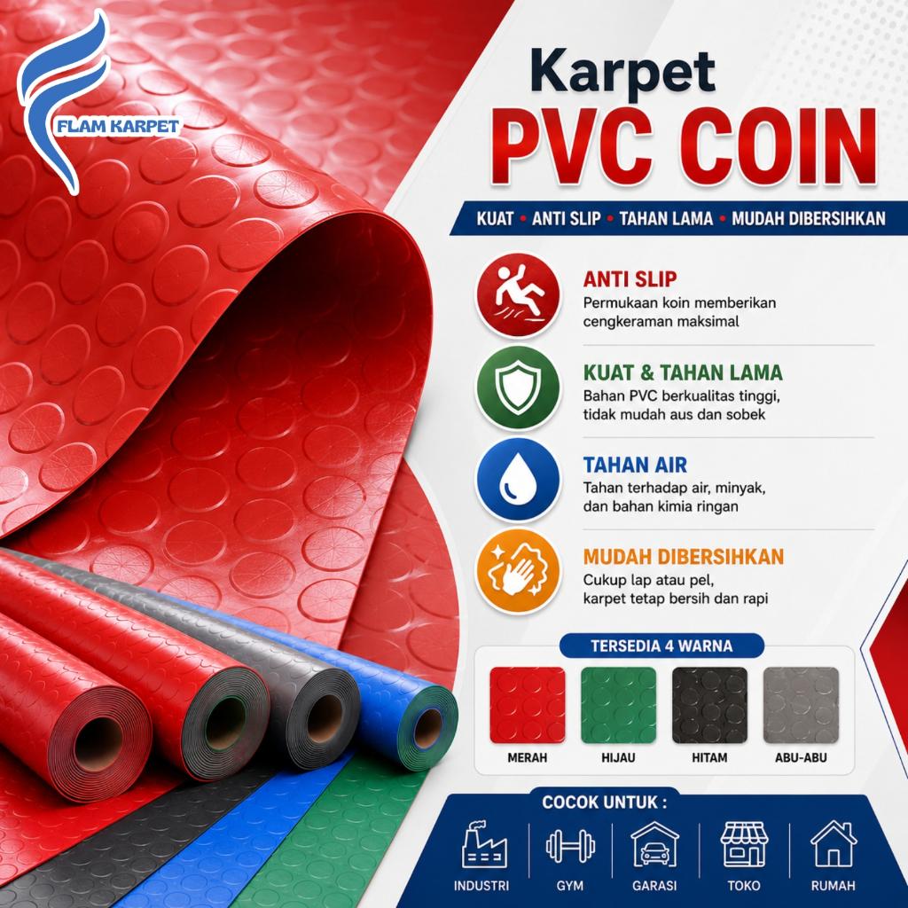 Karpet PVC Koin Anti Slip Tahan Api Keset Lantai Multifungsi Meteran Roll Hitam Abu Merah Hijau