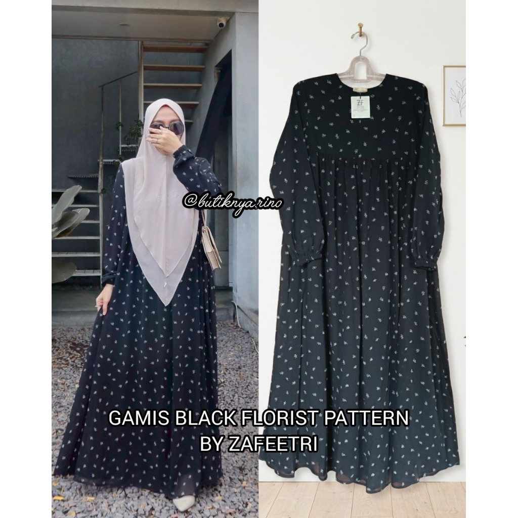 GAMIS BLACK FLORIST PATTERN BY ZAFEETRI (GAMIS SAJA) // GAMIS SYARI CERUTTY MOTIF