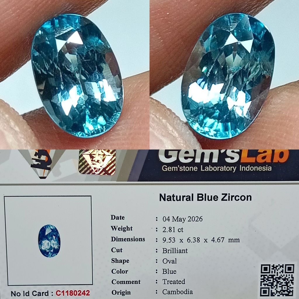 NATURAL BLUE ZIRCON CAMBODIA 2.81 CARAT CUTTING OVAL GOOD LUSTER MEMO GLI LAB