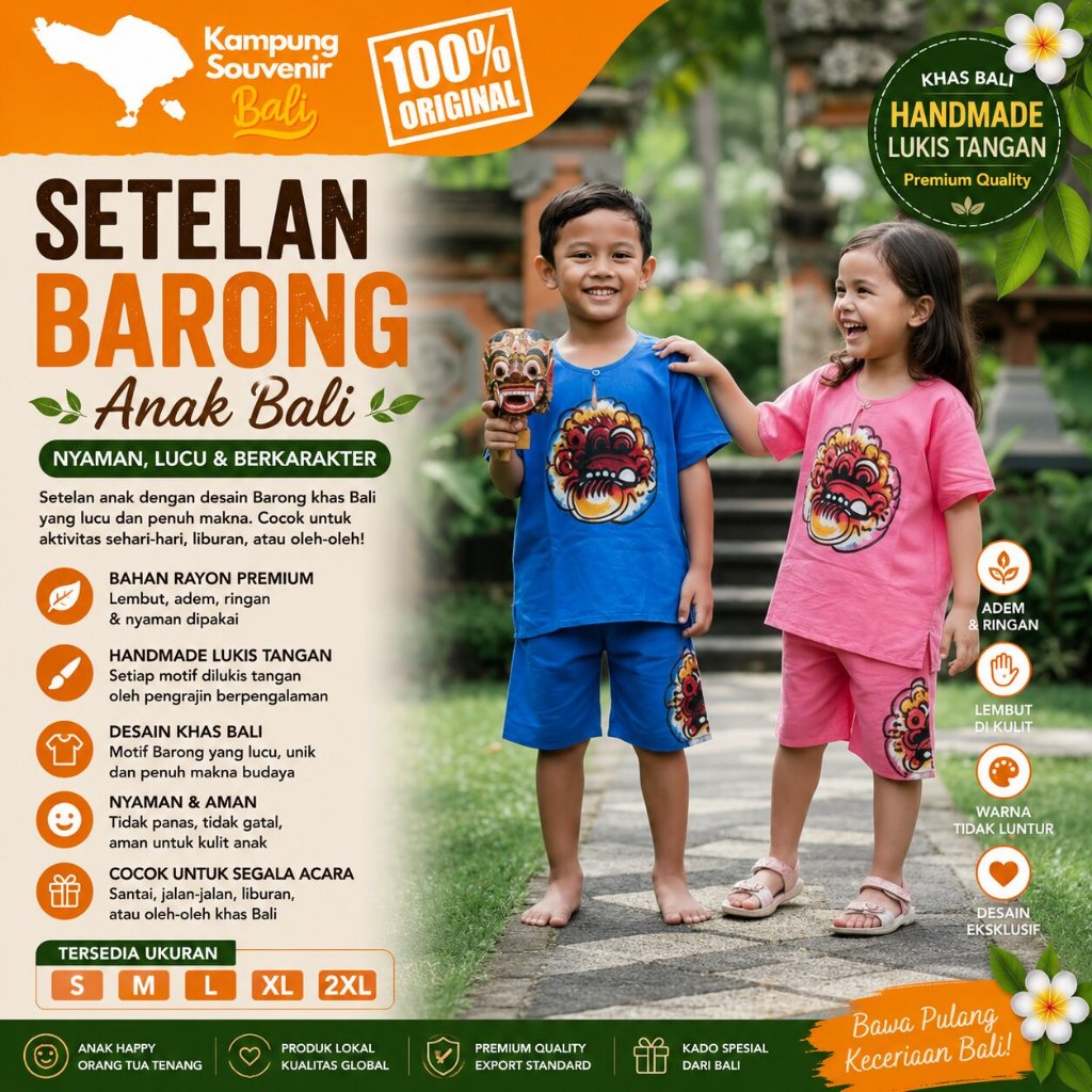 Setelan Anak Barong Lukis Khas Bali Rayon Adem Baju Santai Oleh Oleh Kampung Souvenir