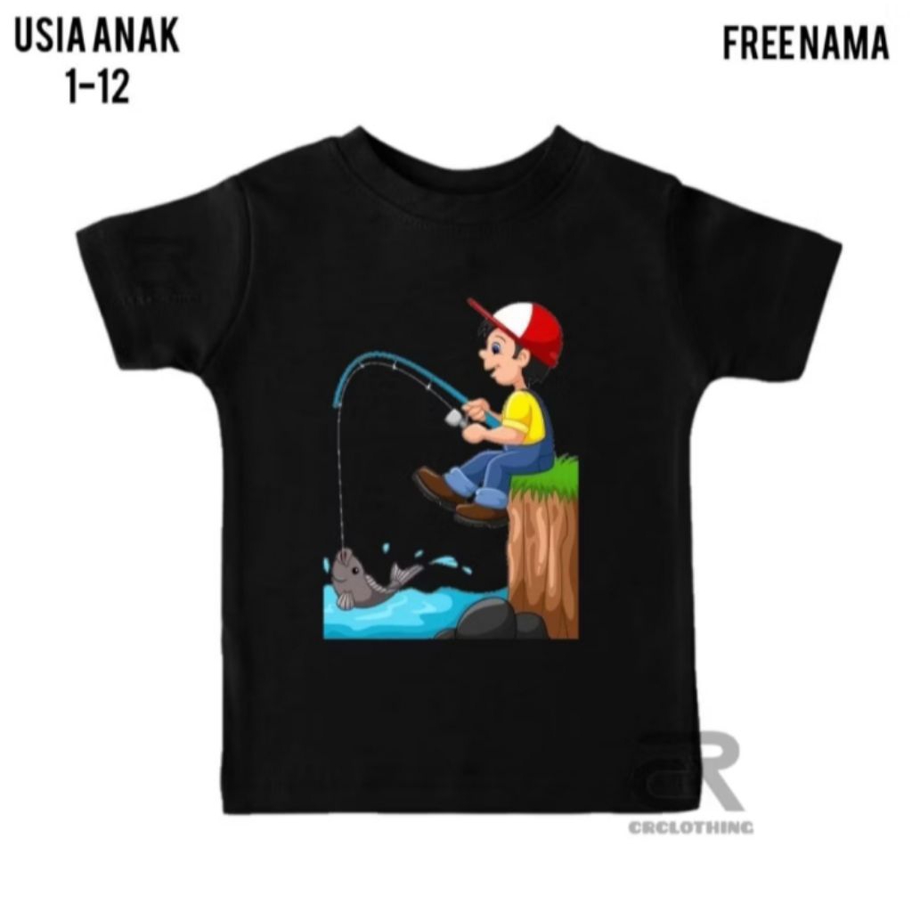 Baju Kaos Distro Anak Karakter Kartun Memancing Free Nama Atasan T-shirt Anak Laki-laki Perempuan Le