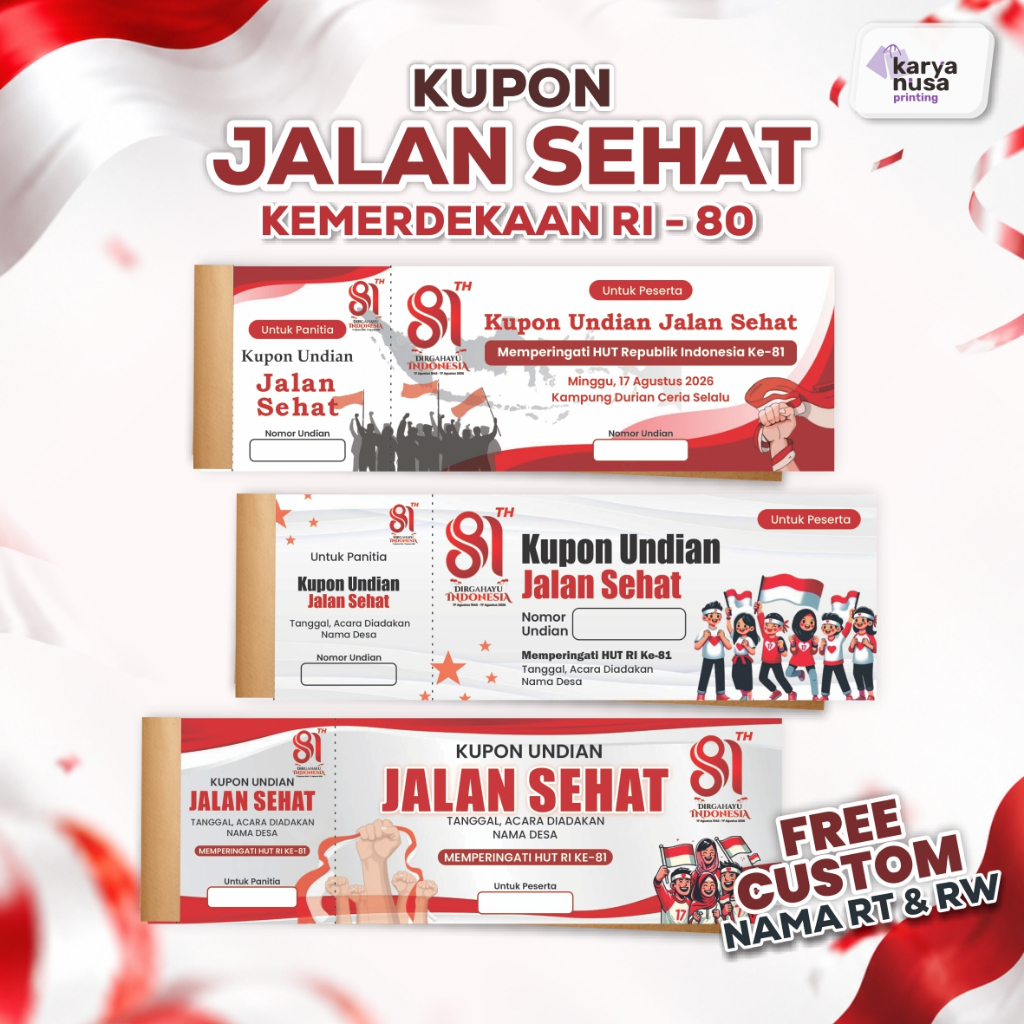 Kupon Jalan Santai Kemerdekaan 81 - Custom Nama RT/RW Kupon HUT RI 17 Agustus Cocok Lomba Agustusan 