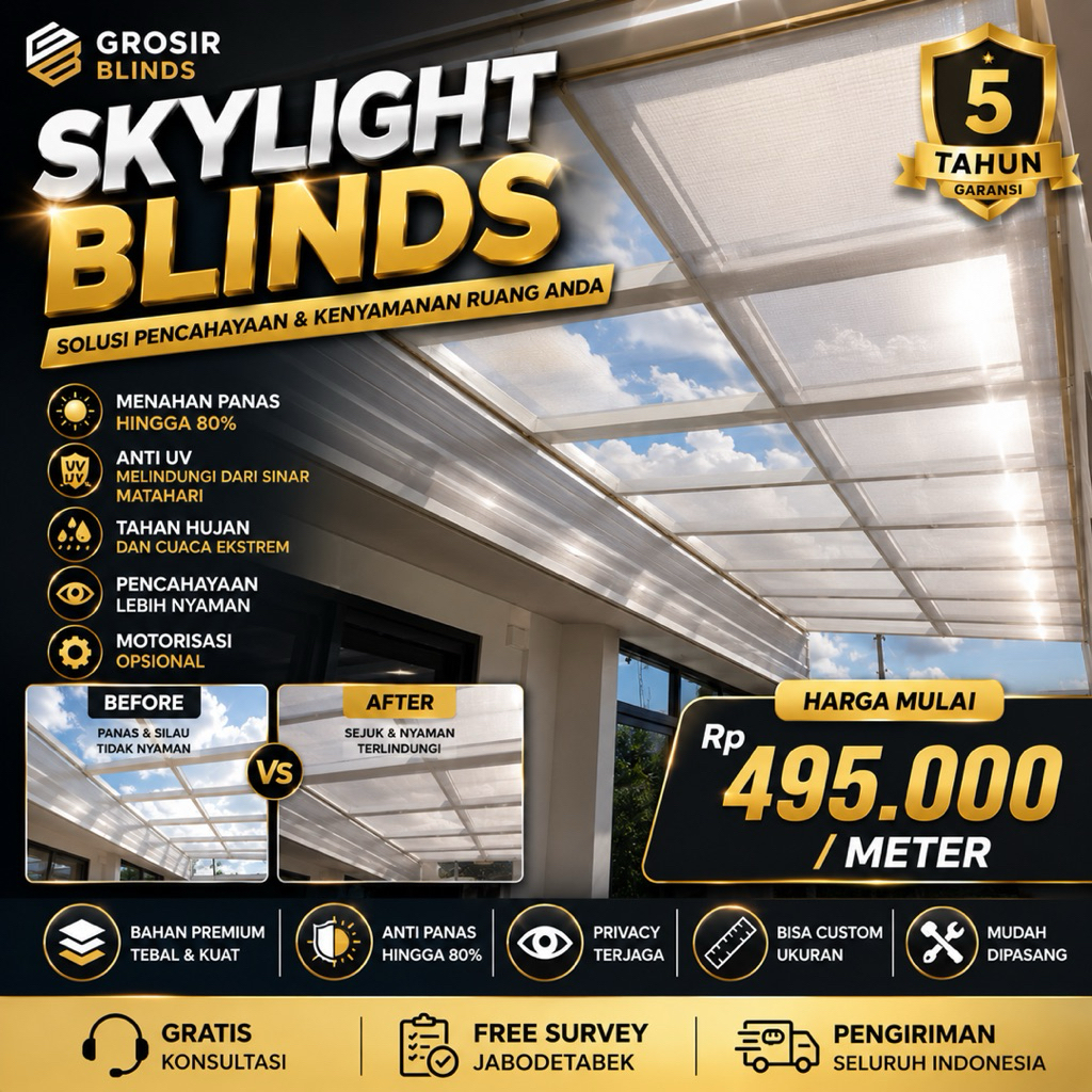 Skylight Blinds Custom Anti Panas Premium Untuk Atap Kaca & Kanopi