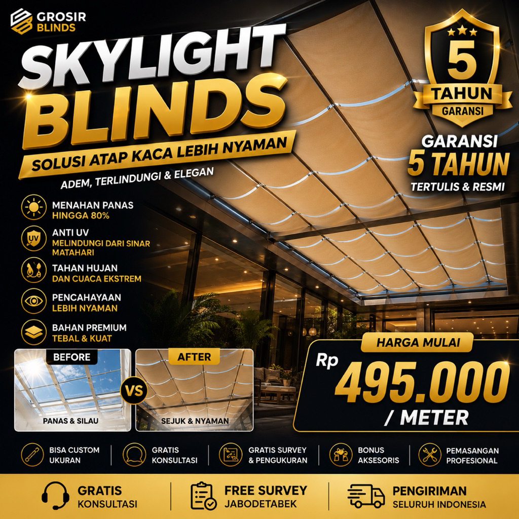 Skylight Blinds Premium Untuk Kanopi Kaca Rumah & Cafe