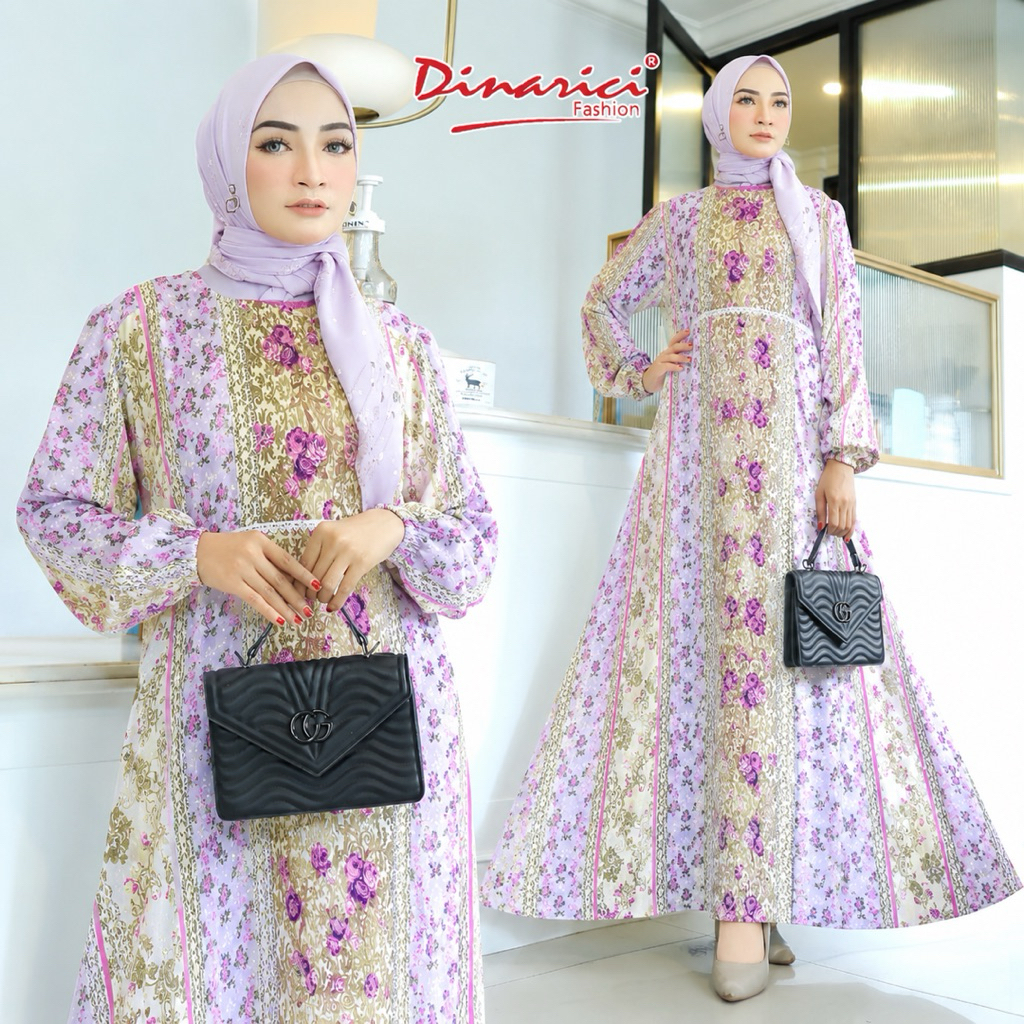 Dina Rici - Gamis Jersey Premium Motif Bunga Kecil Kombinasi Renda Mewah / Dress Muslimah
