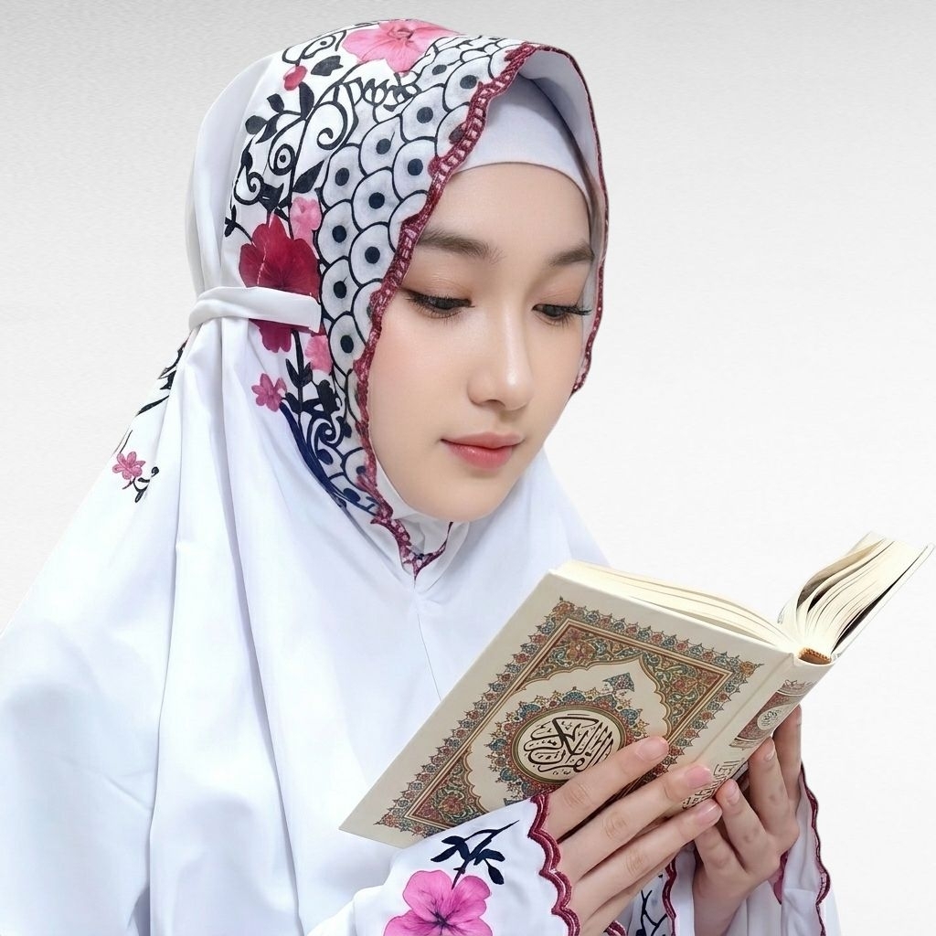 Mukena Terusan Bordir Bunga Sepatu | Katun Mikro Premium | Elegan & Mewah untuk Ibadah