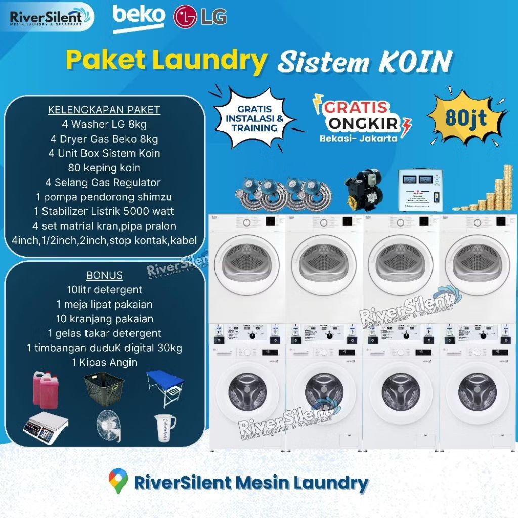 paket usaha laundry self service 80 juta 4 Stack| mesin laundry coin beko