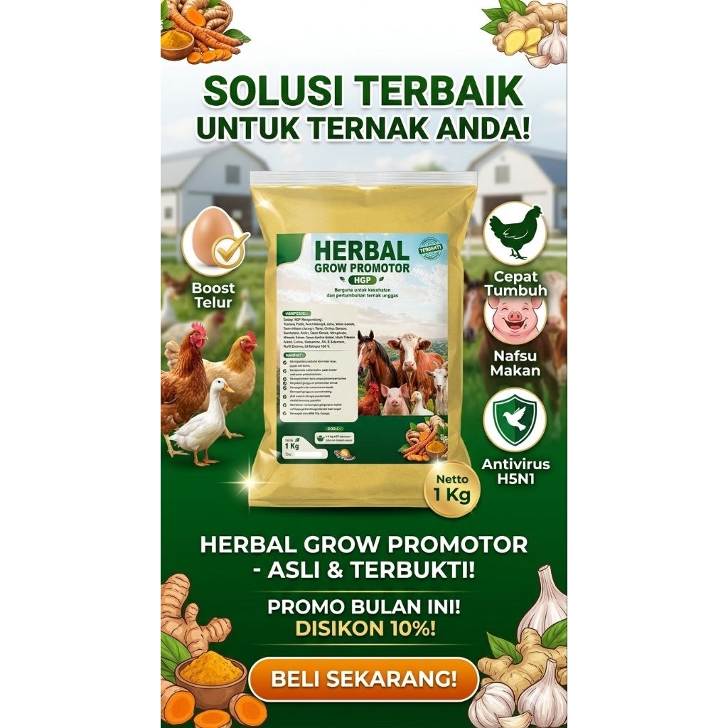 HGP JAMU HERBAL HEWAN TERNAK KEMASAN 1KG HERBAL GROW PROMOTOR