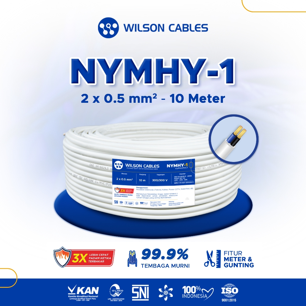 WILSON CABLES - NYMHY-1 2x0.5 mm² (10 Meter) - Kabel Listrik Tembaga Serabut