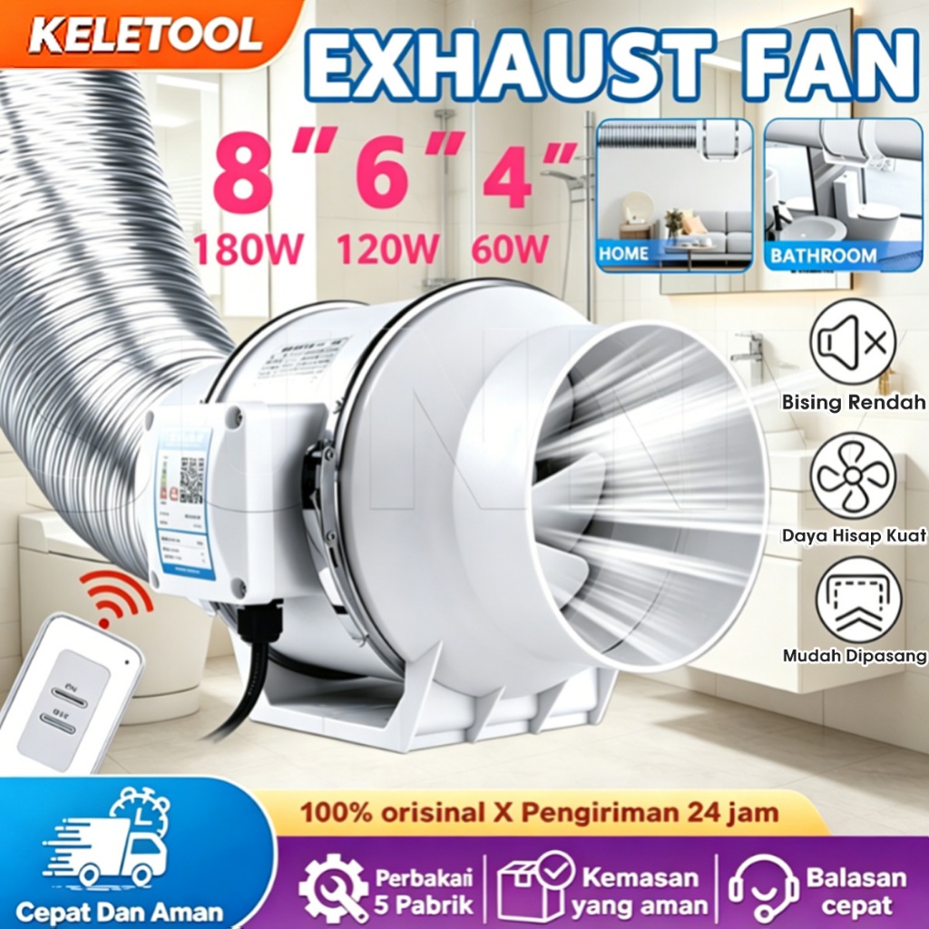 4 "6" 8 " Exhaust Fan Dinding Kipas Angin Buang Diam atap Inline Duct Fan Blower Hisap Ekstraktor Ki