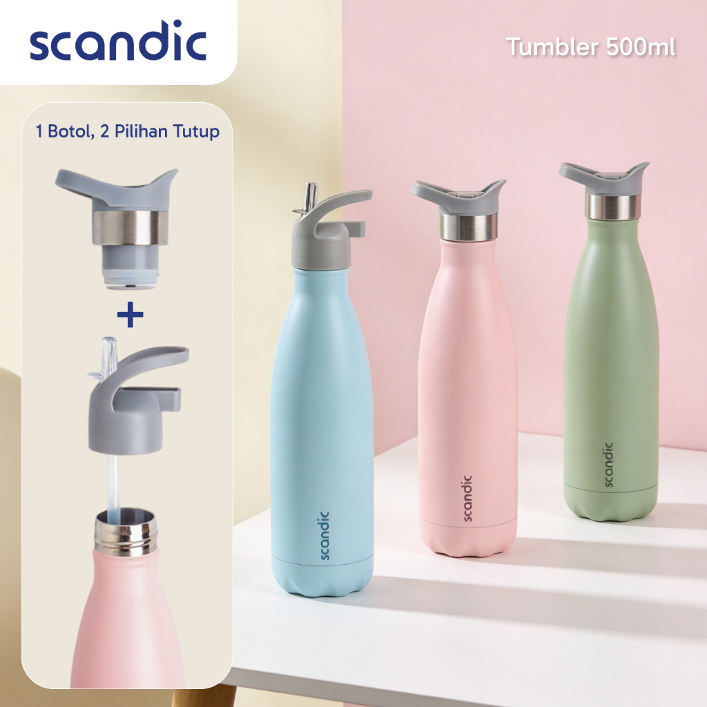 SCANDIC - Double Lid Tumbler Stainless 500 ml - Botol Minum Tahan Panas & Dingin, Dua Tutup Tumbler 
