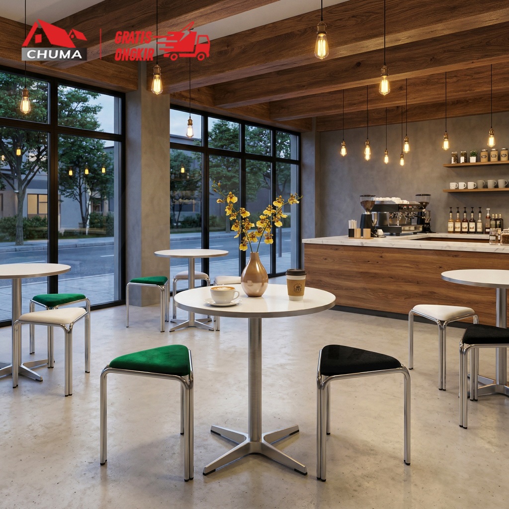 Meja Makan Minimalis Meja Bulat Kafe Table [Meja + Kursi]Set Stainless Dining Table Perseg Kaca Temp