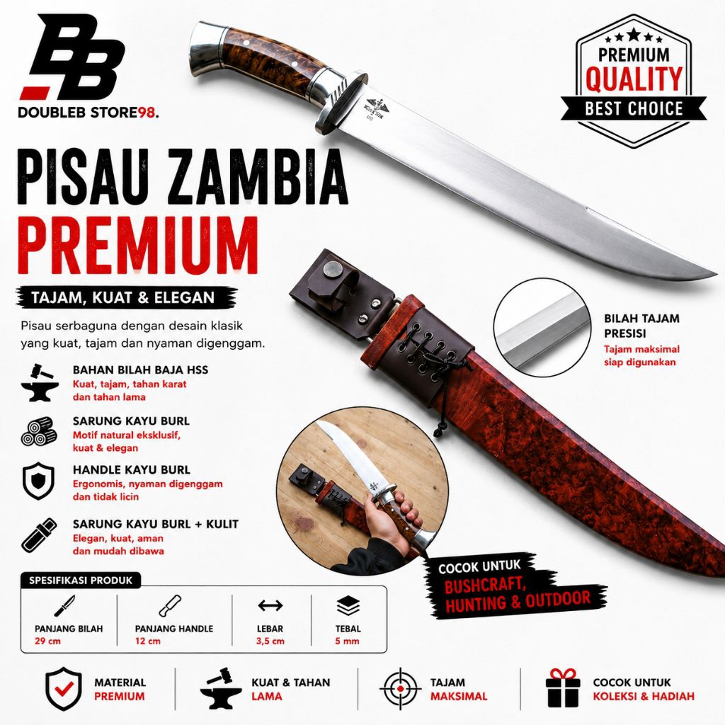 Pisau Zambial / Pisau Jagal Baja HSS dengan Handle dan Sarung Kayu Burl