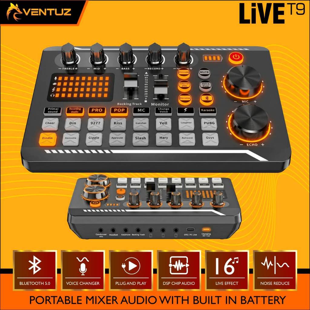 VENTUZ – LIVE T9 – PROFESIONAL LIVE USB SOUNDCARD MIXER AUDIO BROADCAST – BUILD IN BATTERY
