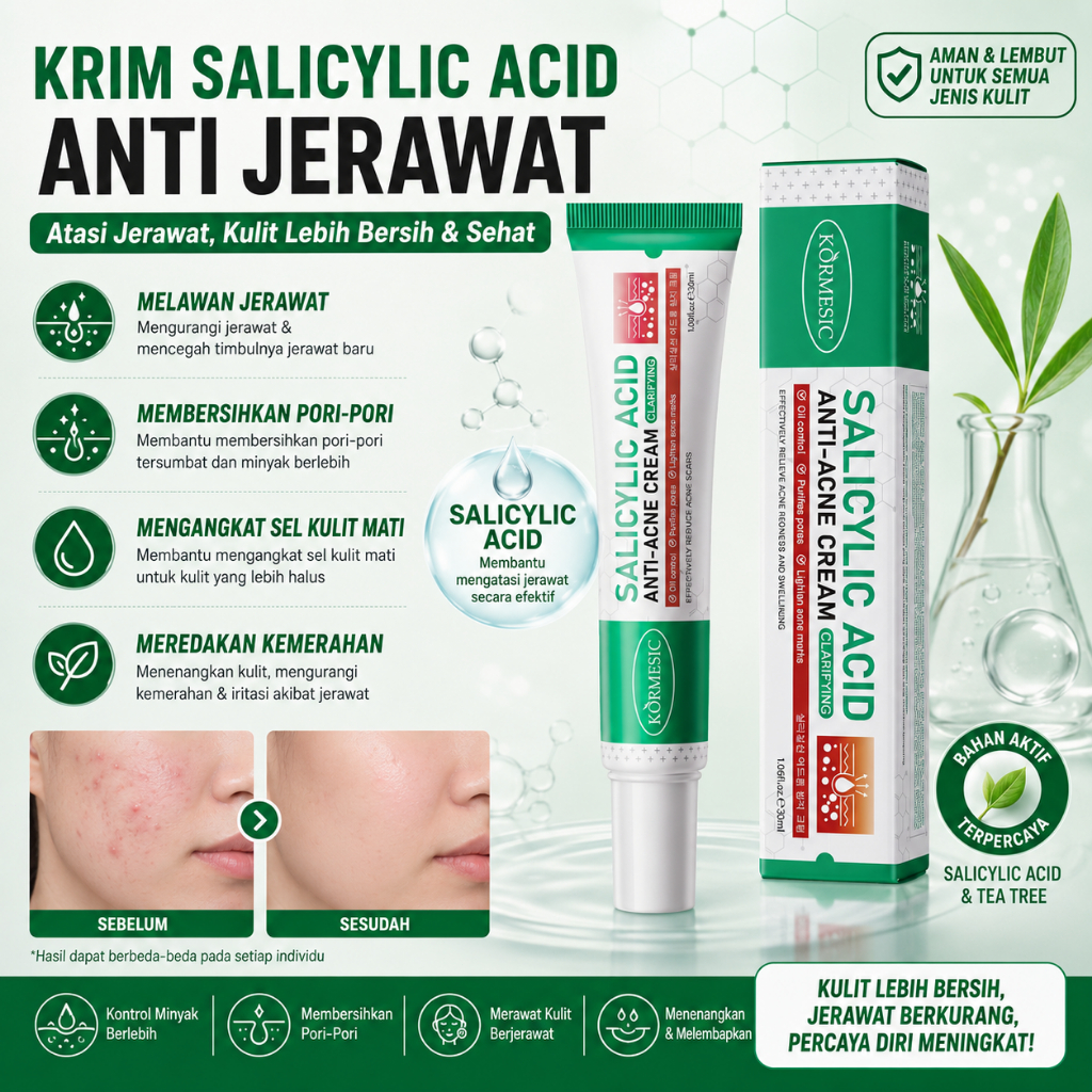 Krim Jerawat Asam Salisilat Ampuh Hilangkan Jerawat Batu, Bruntusan & Bekas Jerawat Formula Eksfolia